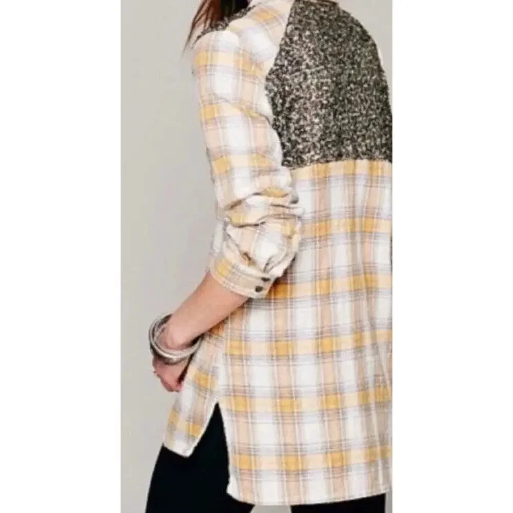 Free People Little Bit of Sugar Shirt Womens S Plaid Flannel Sequin Mesh Panel